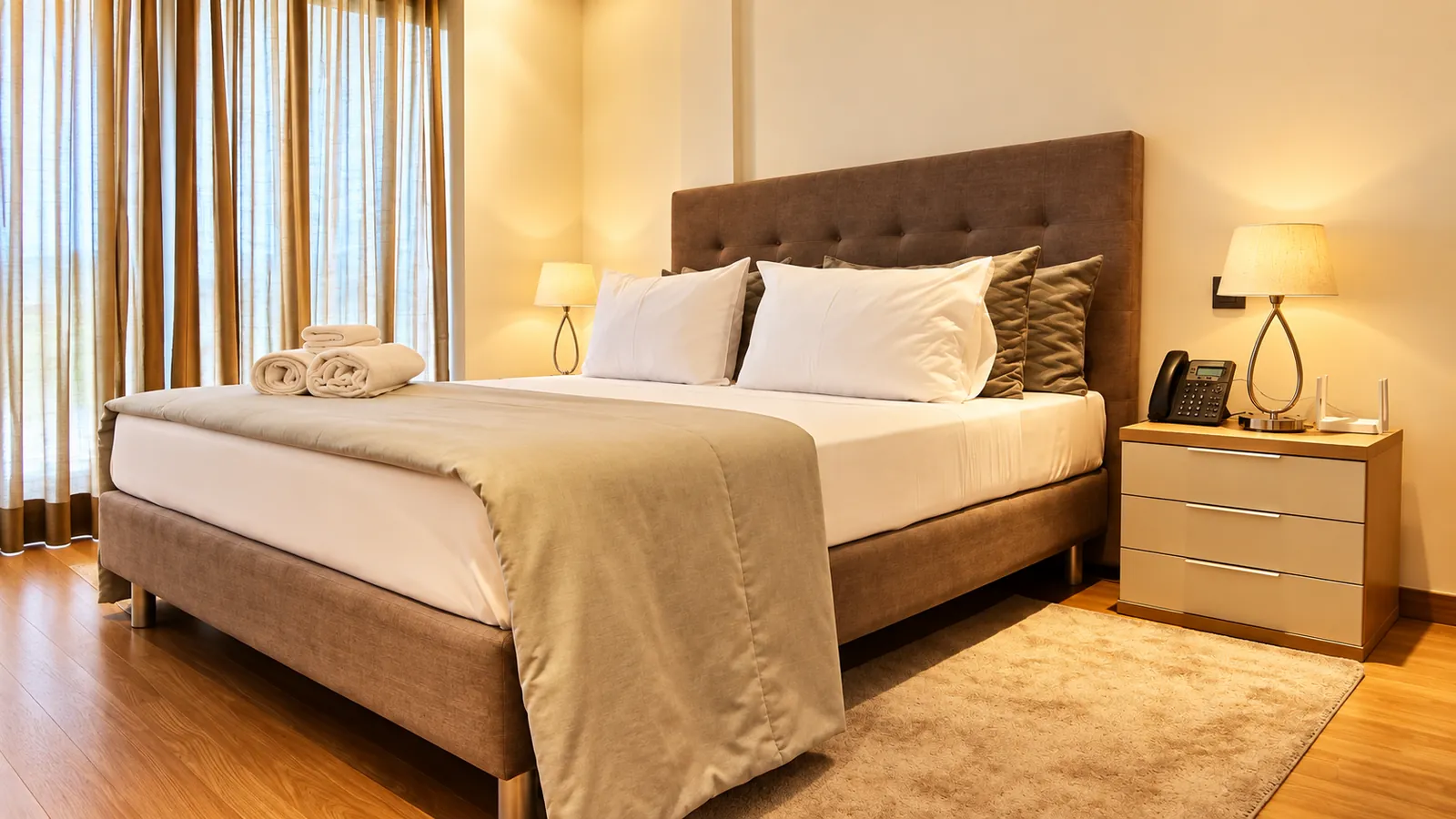 Suite com cama de casal e toalhas dobradas